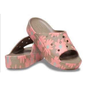 Crocs Classic Slide Tan Pink Aqua Floral Daisy Sandals Womens Size 8 208765
